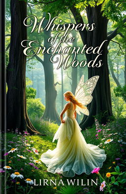 A stunning book cover featuring a serene and enchanted forest scene, with vibrant greenery, delicate wildflowers in a variety of colors, and dappled sunlight filtering through tall, ancient trees