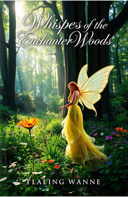 A stunning book cover featuring a serene and enchanted forest scene, with vibrant greenery, delicate wildflowers in a variety of colors, and dappled sunlight filtering through tall, ancient trees