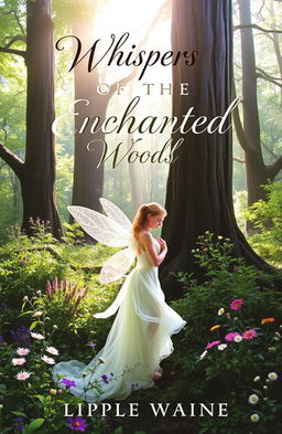 A stunning book cover featuring a serene and enchanted forest scene, with vibrant greenery, delicate wildflowers in a variety of colors, and dappled sunlight filtering through tall, ancient trees