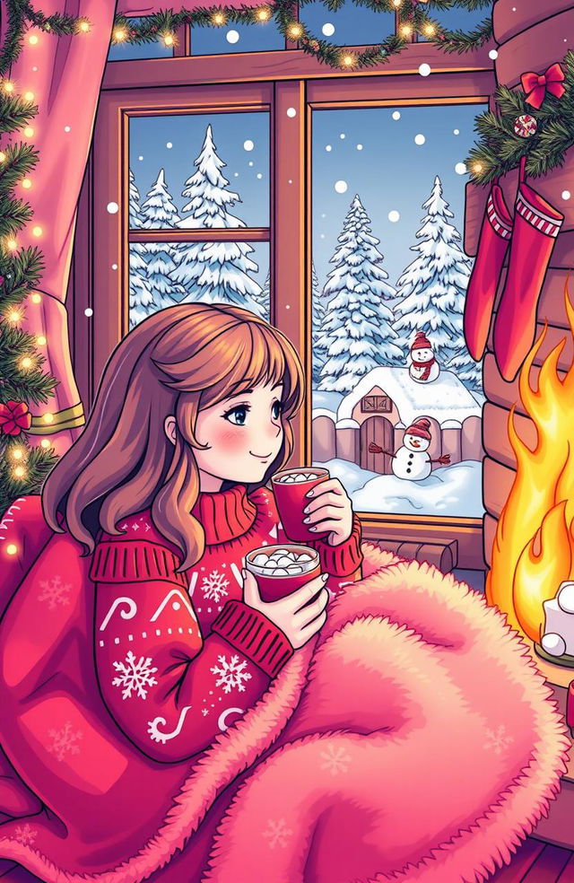 A heartwarming scene featuring a cozy girl surrounded by a Winter Wonderland setting