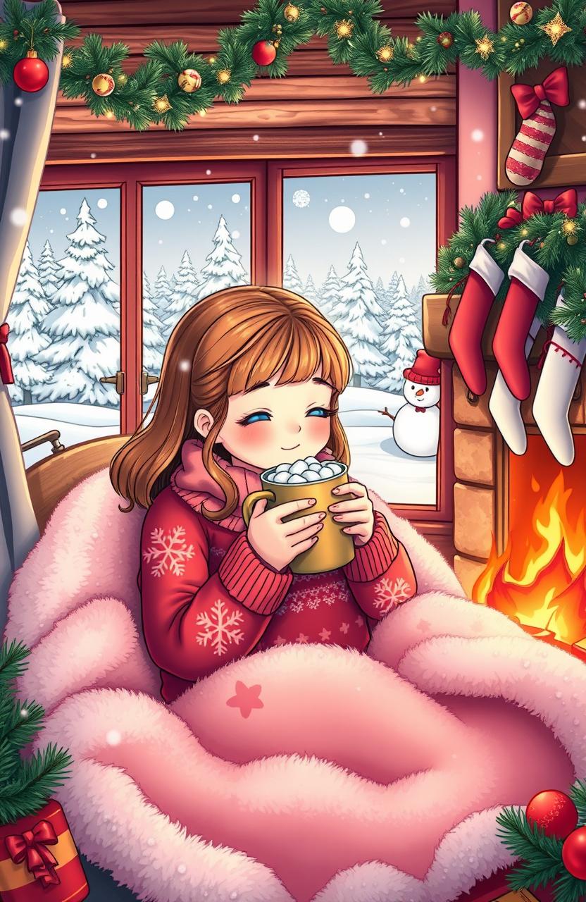 A heartwarming scene featuring a cozy girl surrounded by a Winter Wonderland setting