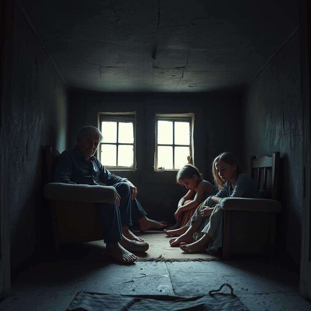 A very small and worn-out house interior depicting a family consisting of a father, mother, and two children