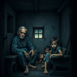 A very small and worn-out house interior depicting a family consisting of a father, mother, and two children