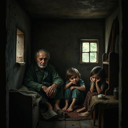 A very small and worn-out house interior depicting a family consisting of a father, mother, and two children