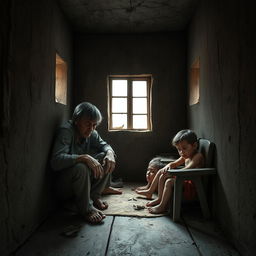A very small and worn-out house interior depicting a family consisting of a father, mother, and two children