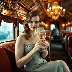 Emma Watson elegantly seated on the luxurious Orient Express, adorned in a stunning cocktail dress that highlights her graceful silhouette