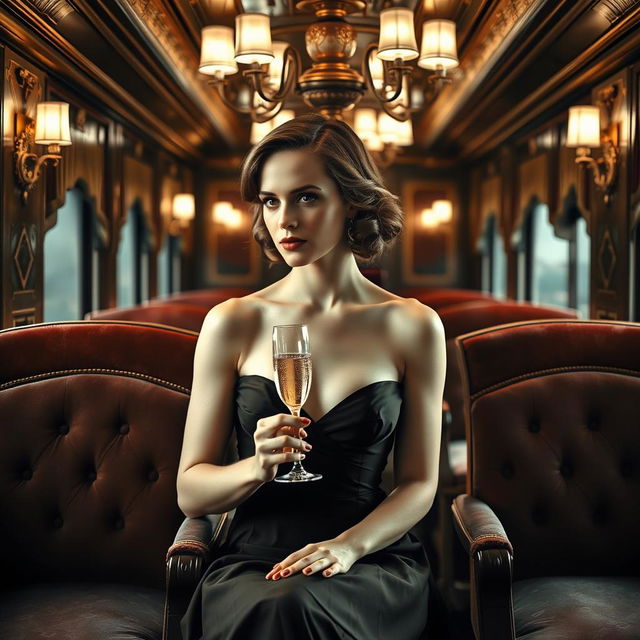 Emma Watson elegantly seated on the luxurious Orient Express, adorned in a stunning cocktail dress that highlights her graceful silhouette