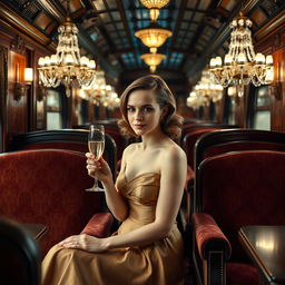 Emma Watson elegantly seated on the luxurious Orient Express, adorned in a stunning cocktail dress that highlights her graceful silhouette