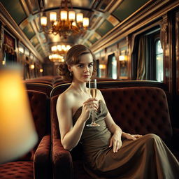 Emma Watson elegantly seated on the luxurious Orient Express, adorned in a stunning cocktail dress that highlights her graceful silhouette