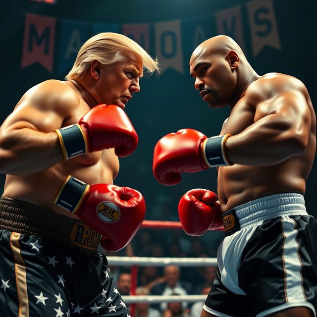 An intense boxing match scene in a professional boxing ring featuring Donald Trump and Mike Tyson as the two fighters