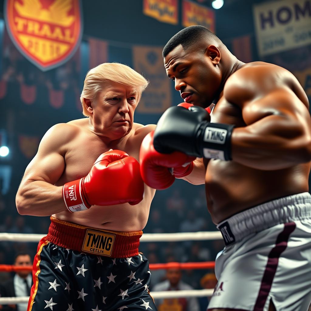 An intense boxing match scene in a professional boxing ring featuring Donald Trump and Mike Tyson as the two fighters