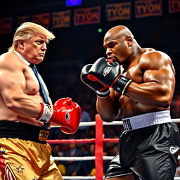 An intense boxing match scene in a professional boxing ring featuring Donald Trump and Mike Tyson as the two fighters