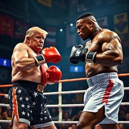 An intense boxing match scene in a professional boxing ring featuring Donald Trump and Mike Tyson as the two fighters