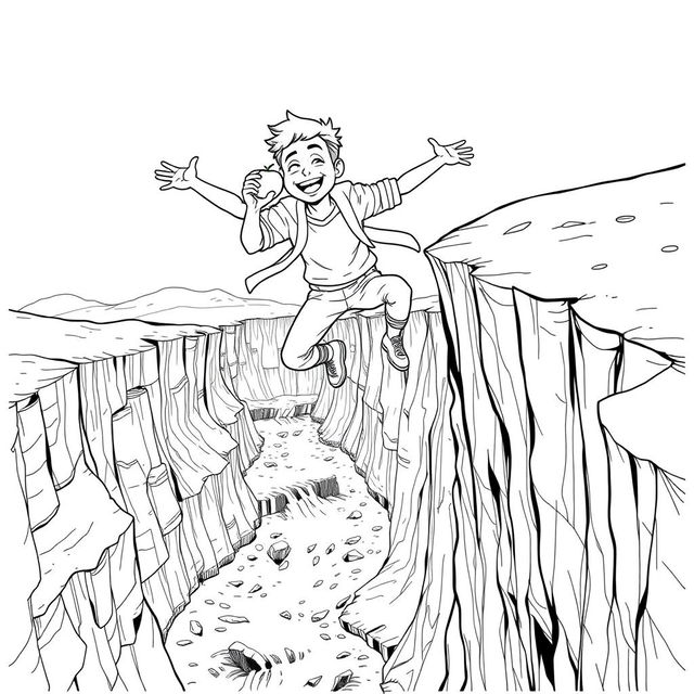 A black and white line drawing illustration of a character resembling Aziz Lalani, depicted mid-air while jumping off a cliff, casually eating an apple