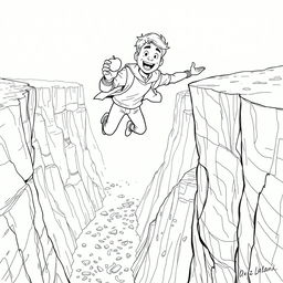 A black and white line drawing illustration of a character resembling Aziz Lalani, depicted mid-air while jumping off a cliff, casually eating an apple