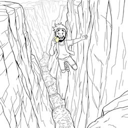 A black and white line drawing illustration of a character resembling Aziz Lalani, depicted mid-air while jumping off a cliff, casually eating an apple