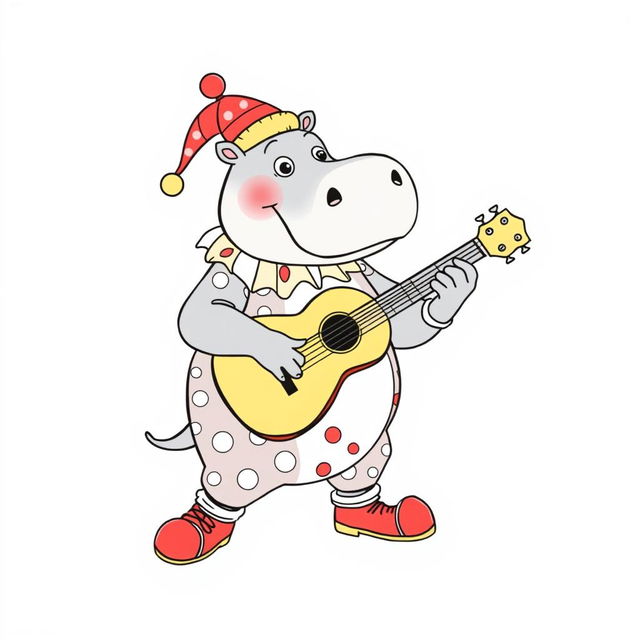 A whimsical line drawing of a hippo dressed as a colorful clown, complete with a big red nose, oversized shoes, and a polka dot costume