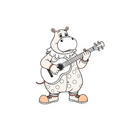 A whimsical line drawing of a hippo dressed as a colorful clown, complete with a big red nose, oversized shoes, and a polka dot costume