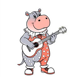A whimsical line drawing of a hippo dressed as a colorful clown, complete with a big red nose, oversized shoes, and a polka dot costume
