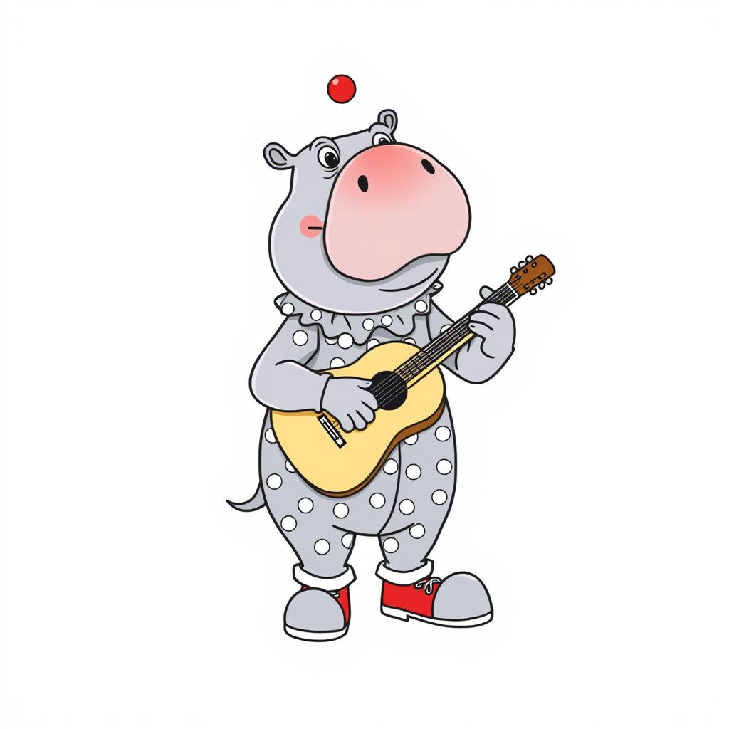 A whimsical line drawing of a hippo dressed as a colorful clown, complete with a big red nose, oversized shoes, and a polka dot costume