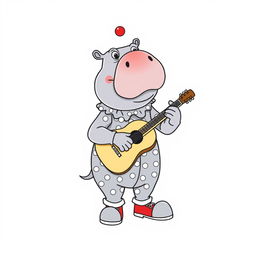 A whimsical line drawing of a hippo dressed as a colorful clown, complete with a big red nose, oversized shoes, and a polka dot costume