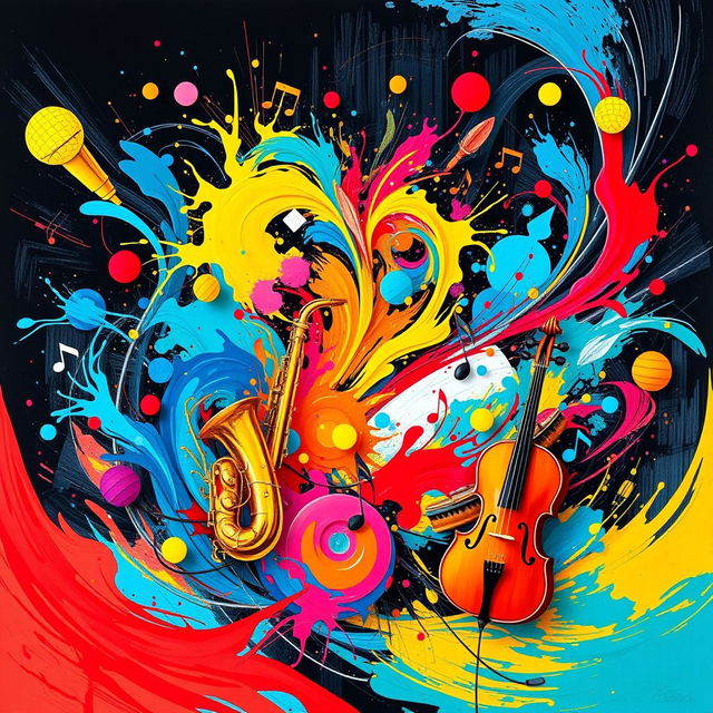 An abstract representation of music and vibrant art intertwined, featuring colorful sound waves emanating from a central point