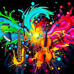 An abstract representation of music and vibrant art intertwined, featuring colorful sound waves emanating from a central point