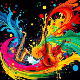An abstract representation of music and vibrant art intertwined, featuring colorful sound waves emanating from a central point