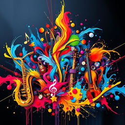 An abstract representation of music and vibrant art intertwined, featuring colorful sound waves emanating from a central point