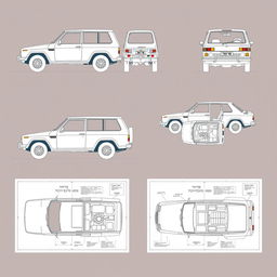 A comprehensive collection of blueprints showcasing designs of the Toyota KE70, featuring detailed schematics from various angles including front, side, rear, and top views