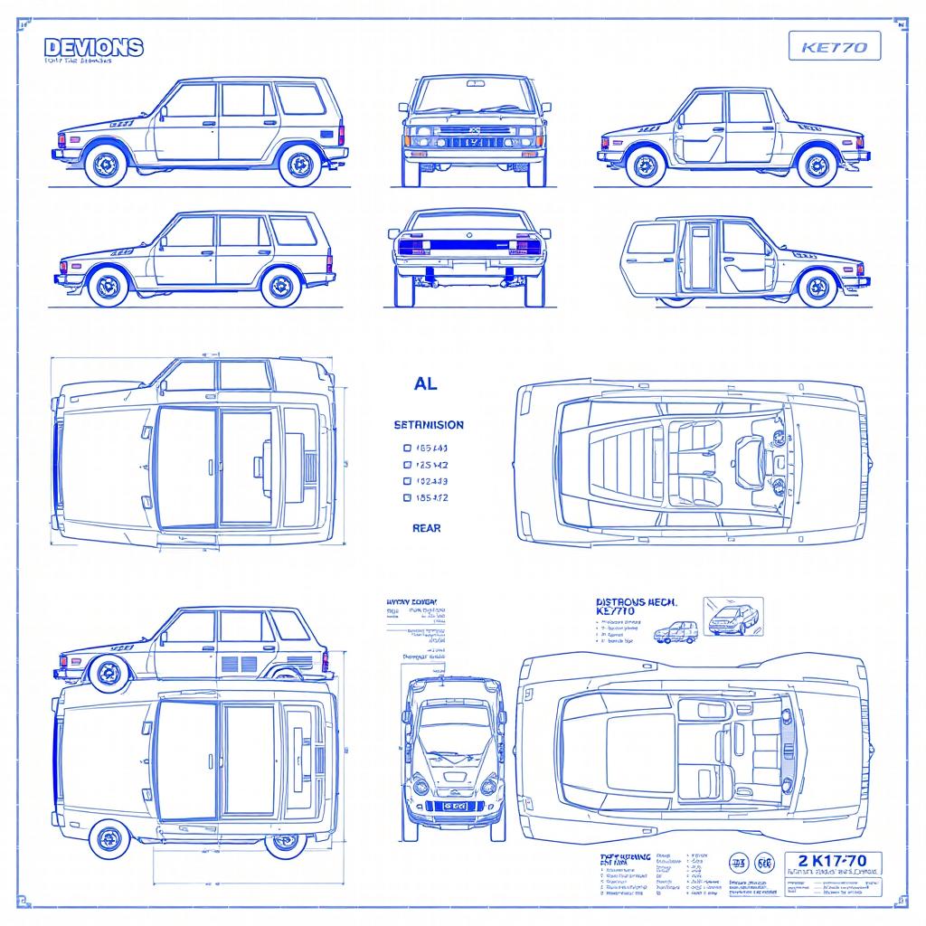 A comprehensive collection of blueprints showcasing designs of the Toyota KE70, featuring detailed schematics from various angles including front, side, rear, and top views