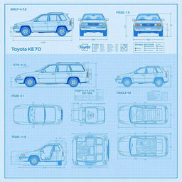 A comprehensive collection of blueprints showcasing designs of the Toyota KE70, featuring detailed schematics from various angles including front, side, rear, and top views