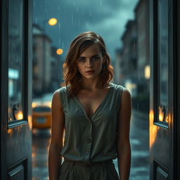 A captivating scene featuring Emma Watson standing gracefully in an open doorway, surrounded by a heavy rainstorm
