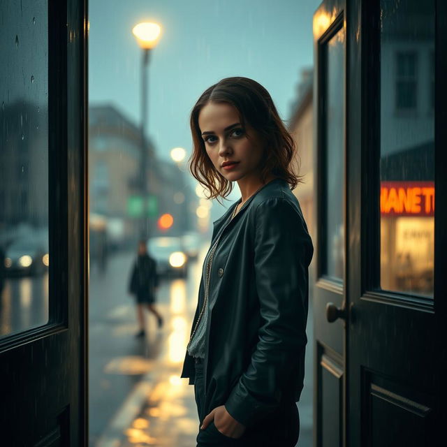 A captivating scene featuring Emma Watson standing gracefully in an open doorway, surrounded by a heavy rainstorm