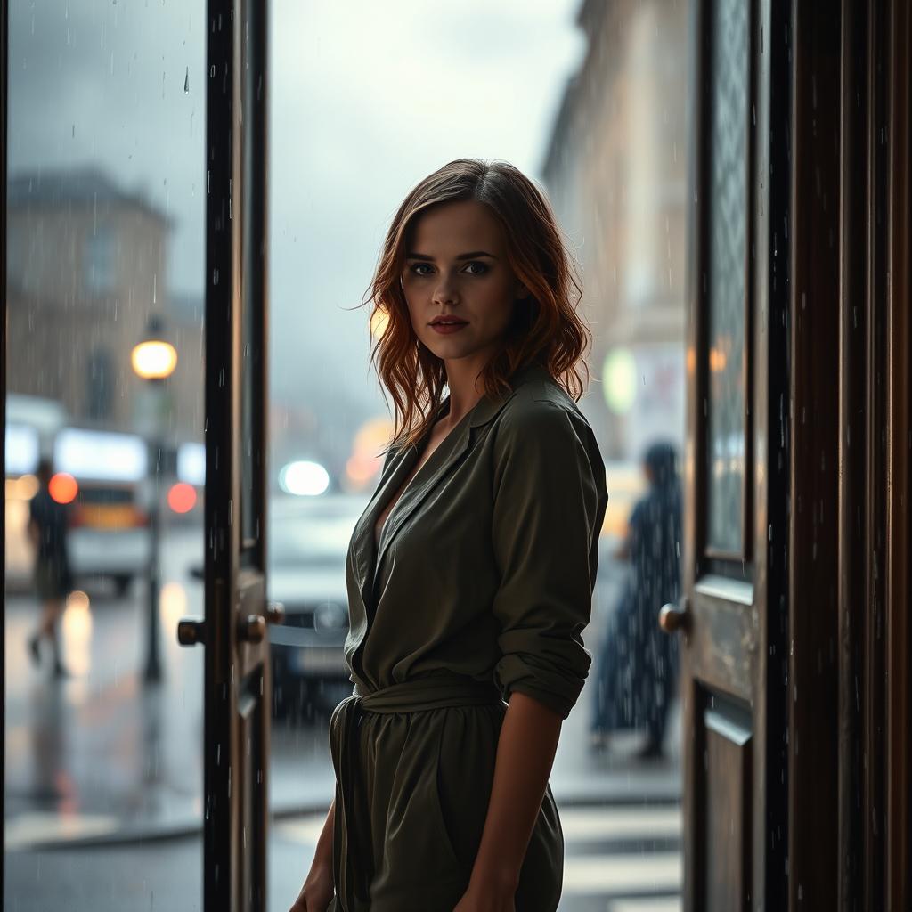 A captivating scene featuring Emma Watson standing gracefully in an open doorway, surrounded by a heavy rainstorm