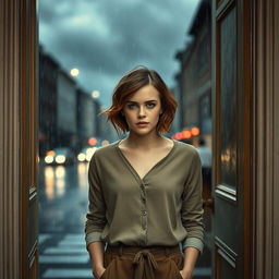 A captivating scene featuring Emma Watson standing gracefully in an open doorway, surrounded by a heavy rainstorm
