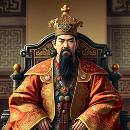 A regal portrait of King Muryeong of Baekje, dressed in traditional Korean royal attire embellished with intricate patterns and symbols of power