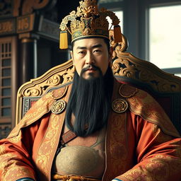 A regal portrait of King Muryeong of Baekje, dressed in traditional Korean royal attire embellished with intricate patterns and symbols of power