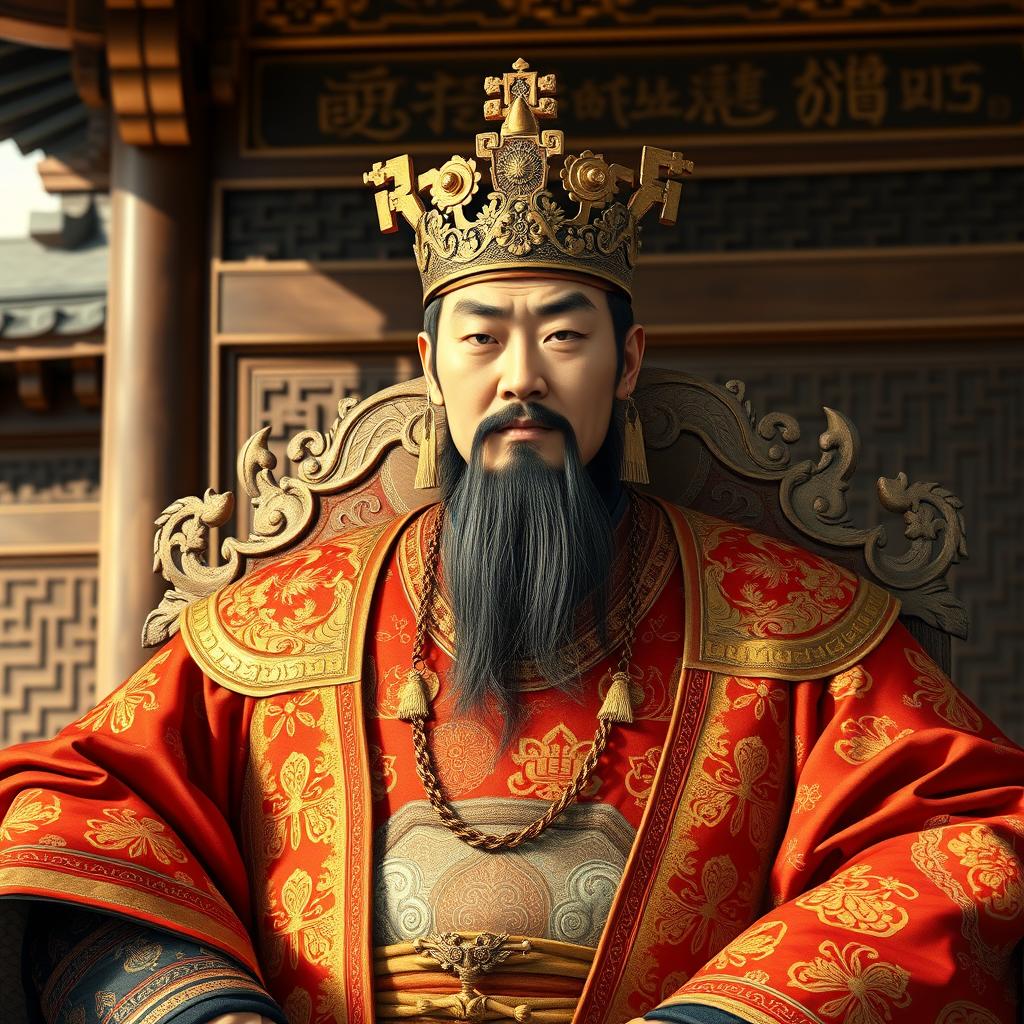 A regal portrait of King Muryeong of Baekje, dressed in traditional Korean royal attire embellished with intricate patterns and symbols of power