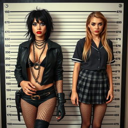 A full-length police line-up photograph featuring two stunning young women