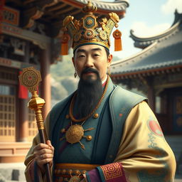 A detailed portrait of King Muryeong of Baekje, dressed in traditional Korean royal garments, intricately adorned with golden accessories and vibrant colors