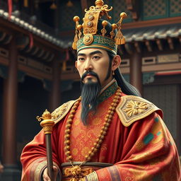 A detailed portrait of King Muryeong of Baekje, dressed in traditional Korean royal garments, intricately adorned with golden accessories and vibrant colors