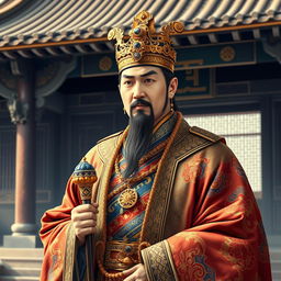A detailed portrait of King Muryeong of Baekje, dressed in traditional Korean royal garments, intricately adorned with golden accessories and vibrant colors