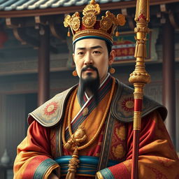 A detailed portrait of King Muryeong of Baekje, dressed in traditional Korean royal garments, intricately adorned with golden accessories and vibrant colors