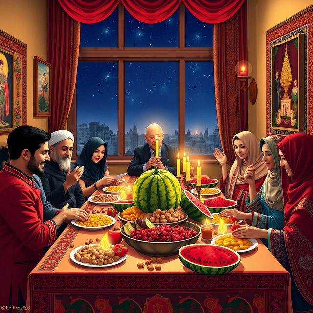 A beautiful and vibrant celebration of Yalda Night, featuring a traditional Iranian setting