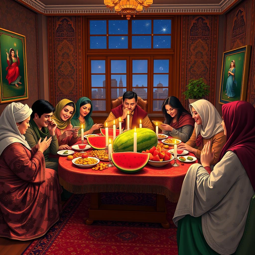 A beautiful and vibrant celebration of Yalda Night, featuring a traditional Iranian setting