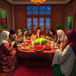 A beautiful and vibrant celebration of Yalda Night, featuring a traditional Iranian setting