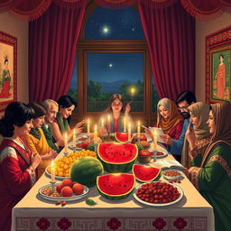 A beautiful and vibrant celebration of Yalda Night, featuring a traditional Iranian setting