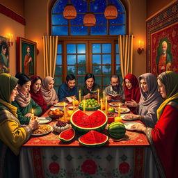 A beautiful and vibrant celebration of Yalda Night, featuring a traditional Iranian setting