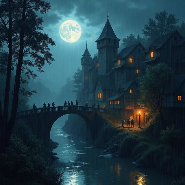 A fantasy fort illuminated under the moonlight at night, surrounded by a dense forest with trees casting shadows